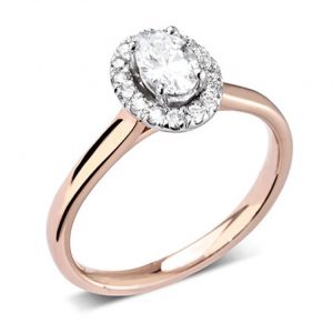 Bake Engagement Ring With Diamonds, Oval Halo Style Cluster With Plain Shank.