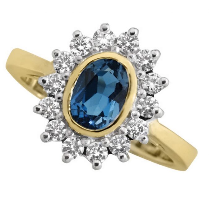 Kate Engagement Ring, Yellow Gold, Oval Sapphire in Halo Setting